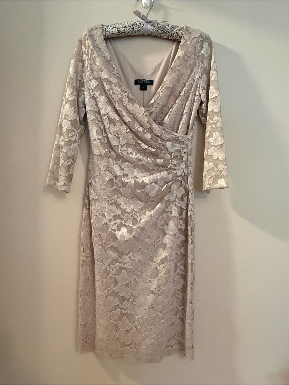 Adrianna Papell Taupe Lace Wrap-Front Midi Dress
